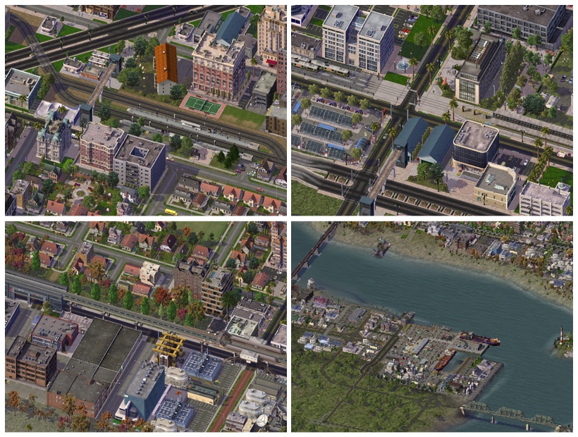 Clockwise from top right: the Blue Line's terminus is a passenger hub in the East River City office park; the harbor connects to downtown via ferry and rail; the Blue Line's elevated on the edge of downtown; the busy commuter station in the West Side.